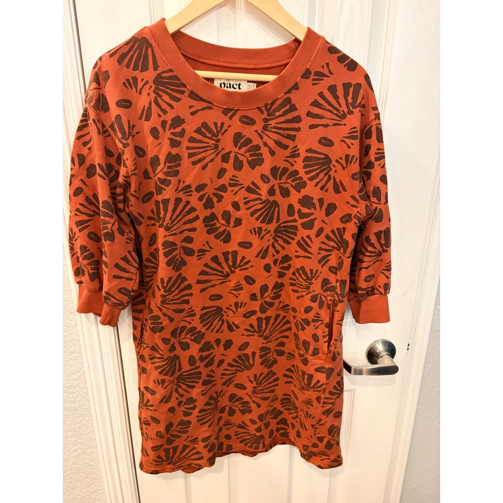 Pact Sweatshirt Dress Orange Brown Leaf Print Organic Cotton Pocket Mini Dress